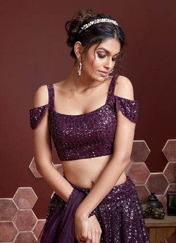 Wine Color Soft Net Party Wear Lehenga Design With Sequence Work